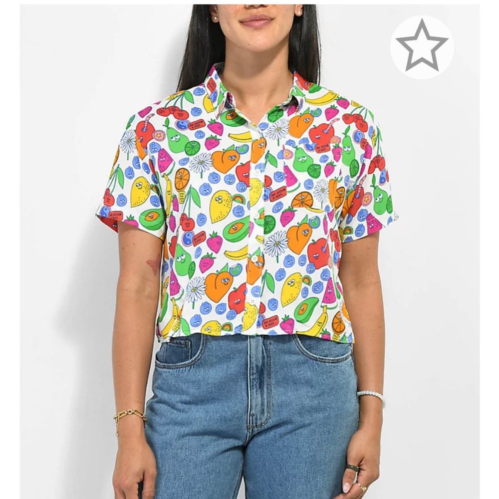 A-Lab Kona Mixed Fruit White Crop Short Sleeve Button Up Shirt